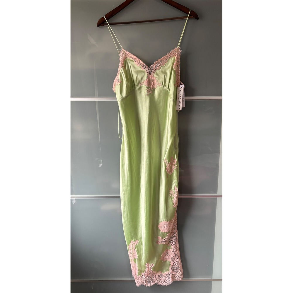 NWT* Alice + Olivia Kerr Midi Slip Dress Satin Green Pink Lace Fairy Romantic 10 - Picture 3 of 15